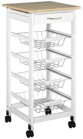 HOMCOM Cărucior de servire măsuță cu roți multi-rangements 4 coșuri metal + sertar lemn de pin 37 x 37 x 82 cm alb | Aosom Romania