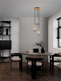 Lustra cu 3 pendule, Metal, Auriu, Sticla, Fumurie, MAHO