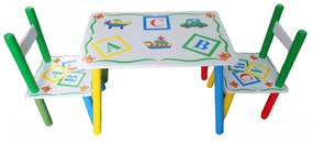 Masuta copii din MDF cu doua scaune Novokids™ My first table, dimensiuni 59X39X40, suprafata lucioasa, cu litere, Alb cu Verde