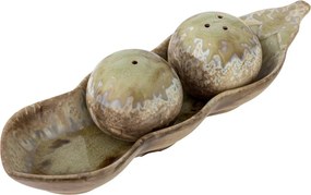 Set solniță și piperniță vintage din ceramică bej cu suport, 26x6x8 cm, „Kayo"