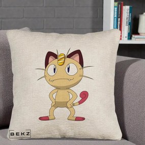 Perna Personalizata Meowth Pokemon, 40x40 cm, Bej Canapea, Husa Detasabila, Perna Inclusa, BEKZ®