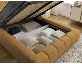 Pat matrimonial galben muștar tapițat cu spațiu de depozitare cu somieră 160x200 cm Denali – Bobochic Paris