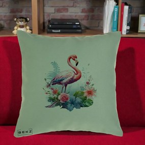Perna Decorativa Flamingo cu Flori Tropicale Acuarela, 40x40 cm, Verde, Husa Detasabila, Perna Inclusa, BEKZ®