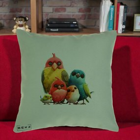 Perna Decorativa Familie de Pasarele Colorate, 40x40 cm, Verde, Husa Detasabila, Perna Inclusa, BEKZ®