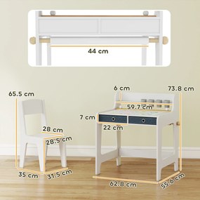 AIYAPLAY Birou pentru copii cu scaun, masă pentru copii și scaun cu 2 sertare din material textil și suport pentru pahare, 62,8x55,6x73,8cm, alb | Aosom Romania