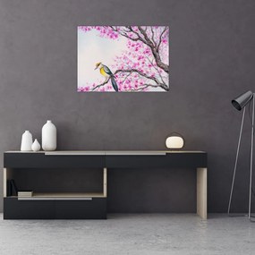 Tablou pe sticlă - Pasăre pe un copac cu flori roz (70x50 cm)