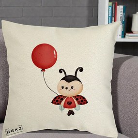 Perna Decorativa Buburuza cu Balon Rosu, 40x40 cm, Ecru, Husa Detasabila, Perna Inclusa, BEKZ®