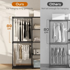 HOMCOM Dulap de Haine cu 2 Bare și 4 Rafturi, din Material Non-Țesut, Plastic și Oțel, 142x43x185 cm, Negru | Aosom Romania