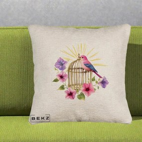 Perna Decorativa Pasare Roz pe Colivie Aurie cu Flori, 40x40 cm, Bej Canapea, Husa Detasabila, Perna Inclusa, BEKZ®