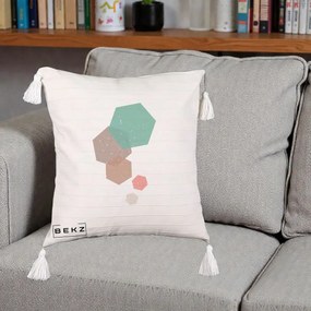 Perna Decorativa Geometric Hexagoane Pastel, 40x40 cm, Bej cu Franjuri, Husa Detasabila, Perna Inclusa, BEKZ®