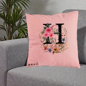 Cadou Personalizat - Perna Personalizata Monogram Litera H cu Flori Acuarela, 40x40 cm, Roz, Husa Detasabila, Perna Inclusa, BEKZ®