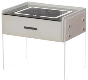 Noptieră inteligentă cu &icirc;ncărcare wireless, iluminare LED, 1 sertar de depozitare &ndash; albă, design modern din sticlă și lemn