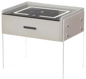 Noptiera inteligenta cu incarcare wireless, iluminare LED, 1 sertar de depozitare &ndash; alba, design modern din sticla si lemn