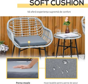 Outsunny Set Mobilier de Grădină din Ratan Gri 3 Piese Salon în Aer Liber cu 2 Scaune și Masă cu Blat de Sticlă pentru Terasă | Aosom Romania