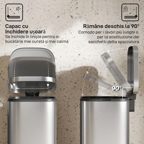 Coș de Gunoi HOMCOM de 30L cu Închidere Amortizată și Găleată Detașabilă, Pedală din Metal și PP, 29x36x59,5 cm, Argintiu | Aosom Romania