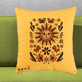 Perna Decorativa Soare Boho Folk Fluturi, 40x40 cm, Galben, Husa Detasabila, Perna Inclusa, BEKZ®