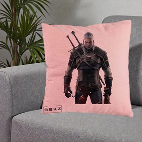 Perna Personalizata The Witcher Geralt of Rivia Portret, 40x40 cm, Roz, Husa Detasabila, Perna Inclusa, BEKZ®