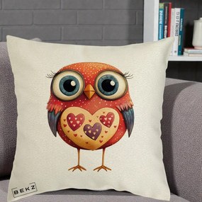 Perna Decorativa Bufnita Rosie cu Inimi Aurii, 40x40 cm, Ecru, Husa Detasabila, Perna Inclusa, BEKZ®