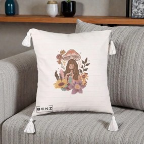 Perna Decorativa Fata Ciuperca Boho Florala, 40x40 cm, Bej cu Franjuri, Husa Detasabila, Perna Inclusa, BEKZ®