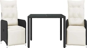 vidaXL Set bistro de grădină cu perne, 3 piese, negru, poliratan