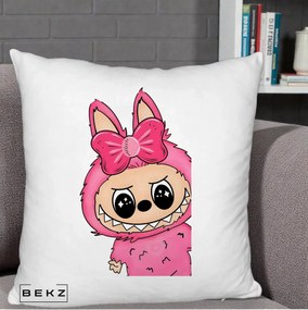 Perna Personalizata Labubu Roz cu Funda, 40x40 cm, Alb Pufos, Husa Detasabila, Perna Inclusa, BEKZ®