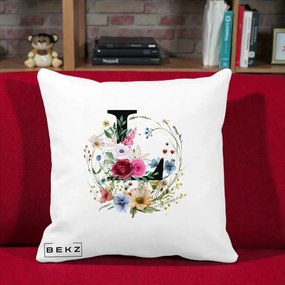 Cadou Personalizat - Perna Personalizata Monogram Litera L cu Flori Acuarela, 40x40 cm, Alba Mata, Husa Detasabila, Perna Inclusa, BEKZ®