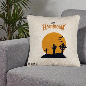 Perna Decorativa Happy Halloween Cimitir cu Luna, 40x40 cm, Bej Canapea, Husa Detasabila, Perna Inclusa, BEKZ®