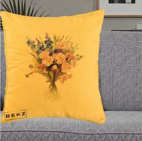 Perna Decorativa Buchet Floral Acuarela Primavara, 40x40 cm, Galben, Husa Detasabila, Perna Inclusa, BEKZ®