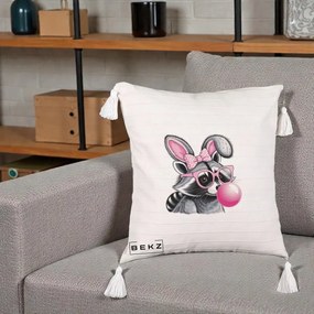 Perna Decorativa Raton cu Urechi de Iepure si Guma de Mestecat, 40x40 cm, Bej cu Franjuri, Husa Detasabila, Perna Inclusa, BEKZ®
