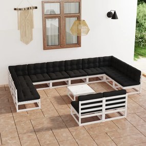3077280 vidaXL Set mobilier de grădină cu perne, 13 piese, alb, lemn masiv pin