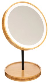 Oglindă cosmetică cu LED, rotundă, din bambus