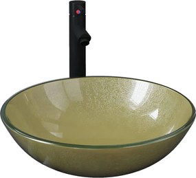 vidaXL Chiuvetă baie, robinet și scurgere tip push auriu sticlă călită