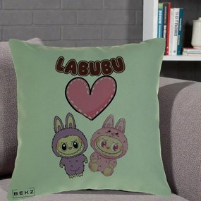 Perna Personalizata Labubu Cuplu Inima, 40x40 cm, Verde, Husa Detasabila, Perna Inclusa, BEKZ®
