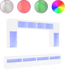 vidaXL Set comode TV de perete, 8 piese, cu lumini LED, alb