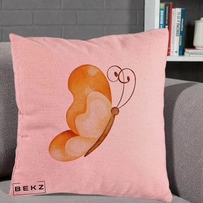 Perna Decorativa Fluture Acuarela Auriu, 40x40 cm, Roz, Husa Detasabila, Perna Inclusa, BEKZ®
