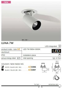 Spot LED directionabil, incastrabil tavan/plafon Luna 7W alb/negru ZZ AZ3396