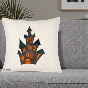 Perna Decorativa Halloween Casa Bantuita Minimalista, 40x40 cm, Crem Reliefat, Husa Detasabila, Perna Inclusa, BEKZ®