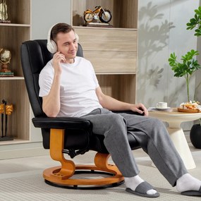 HOMCOM Fotoliu de relaxare inclinabil cu suport pentru picioare, pivotant, cadru din lemn, material sintetic negru | Aosom Romania
