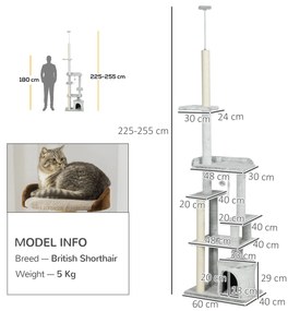 PawHut Turn Pisici de la Podea la Tavan 6 Niveluri 225-255cm Gri | Aosom Romania