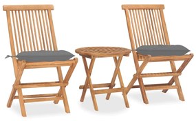 Set mobilier pliabil exterior cu perne 3 piese, lemn masiv tec Gri, 3