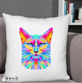 Perna Decorativa Pisica Pop Art Multicolor, 40x40 cm, Alb Pufos, Husa Detasabila, Perna Inclusa, BEKZ®