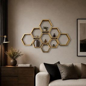 Set 9 rafturi perete Hexa Culoare aurie,Homs,Seia A620,lemn natur