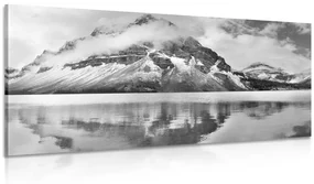 Tablou lac de munte în apropierea pădurii alb-negru