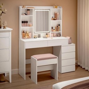 Masuta machiaj cu Oglinda LED si 6 Sertare pentru Cosmetice, Set Masa toaleta 118 cm, Alb, masuta cosmetica, vanity - SEA95