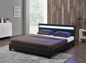 Pat tapitat piele PU, cu iluminare LED, telecomanda, cadru lemn, suport saltea inclus, 160x200, Negru