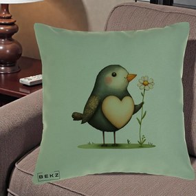 Perna Decorativa Pasare cu Inima si Margareta, 40x40 cm, Verde, Husa Detasabila, Perna Inclusa, BEKZ®