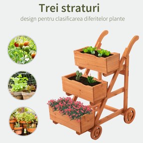 Outsunny Vază Verticală din Lemn cu 3 Nivele și Cărucior cu 4 Roți pentru Plante, Flori, Aromatice | Aosom Romania