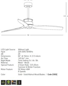 Ventilator de tavan cu telecomanda Gioia auriu/lemn nuc