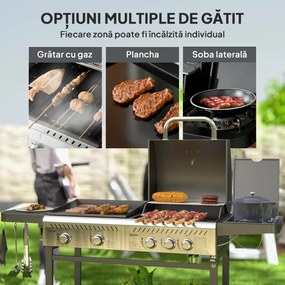 Outsunny Grătar pe Gaz cu Plită și Arzător, Capac cu Termometru Negru | Aosom Romania