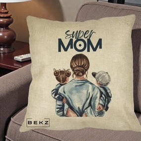 Cadou pentru Mama - Perna Personalizata Super Mom, 40x40 cm, Crem, Husa Detasabila, Perna Inclusa, BEKZ®